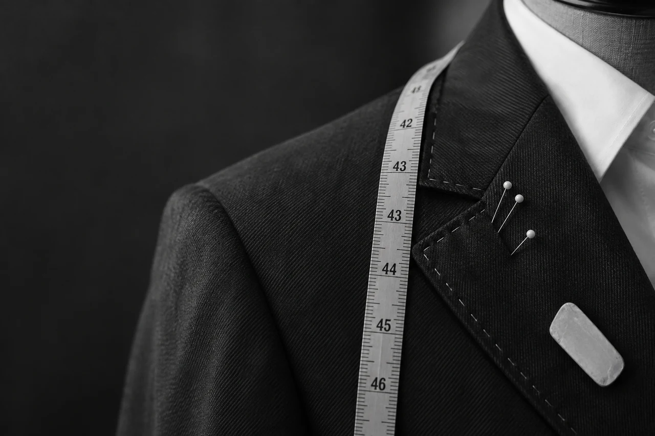 Black tailored suit with measuring tape, pins and tailor's chalk